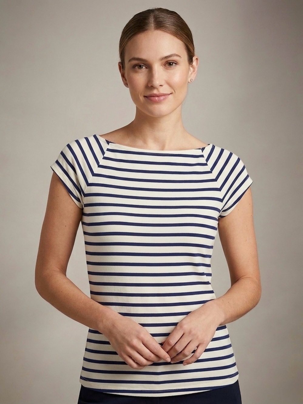 Blue Navy Fitted Striped Boatneck Cap-Sleeve Blouse